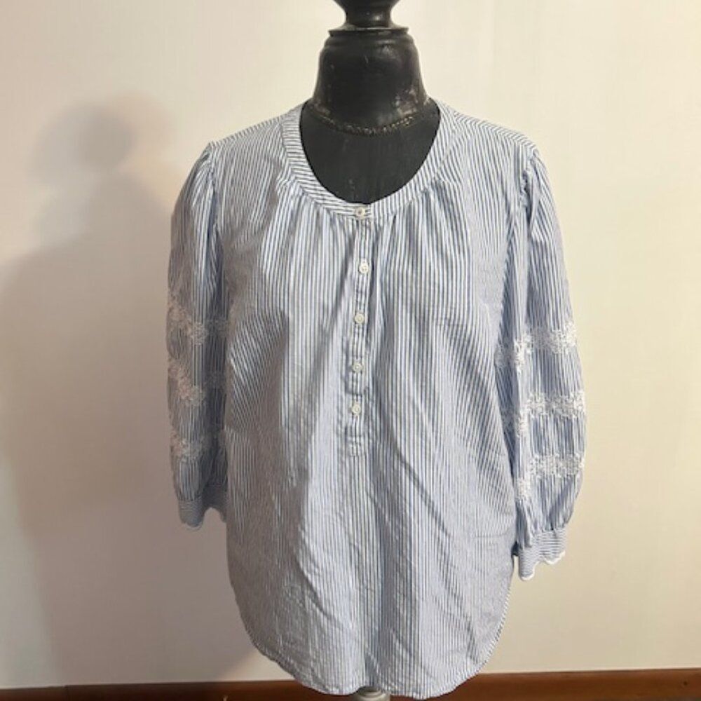 Talbots Blue/White stripes 1/2 button embroidered sleeves top, size XL